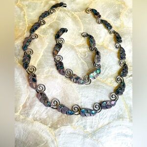 Taxco Sterling Silver Abalone Necklace AND Bracelet SET Swirly Leaves colorful
